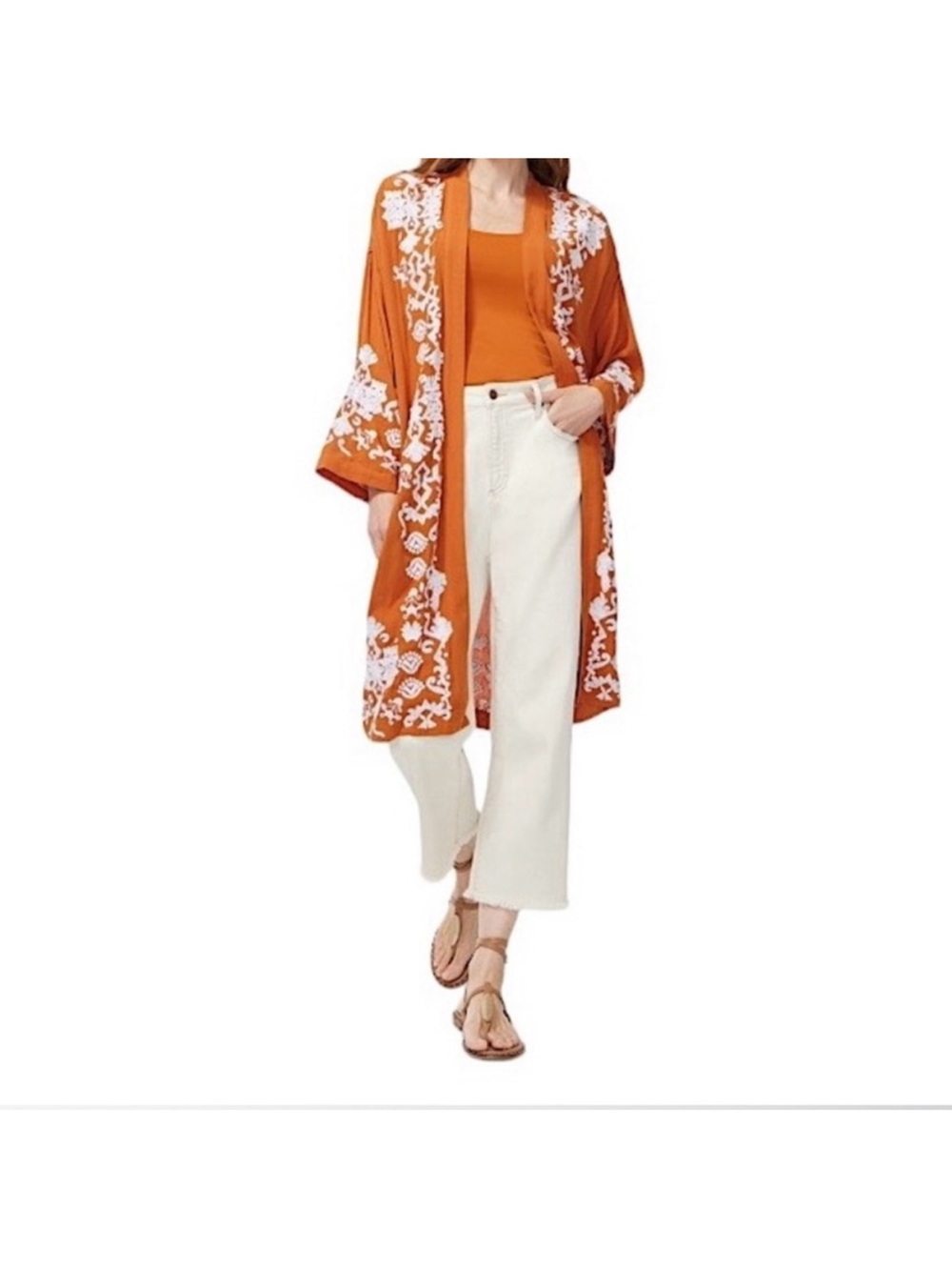 Chico's Terracotta Kimono with Ivory Embroidered Detailing Size Small